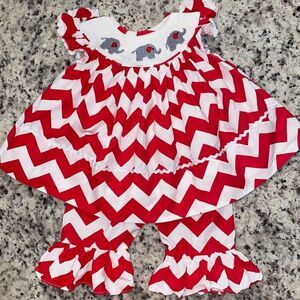 ALABAMA ROLL TIDE Size 6M Red/White Chevron Smocked Dress and Pants by BABEENI